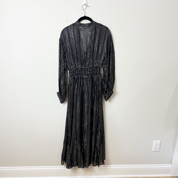 Zara Metallic Stripe Dress Black Silver Notch Collar Beaded Trim - Picture 4 of 11